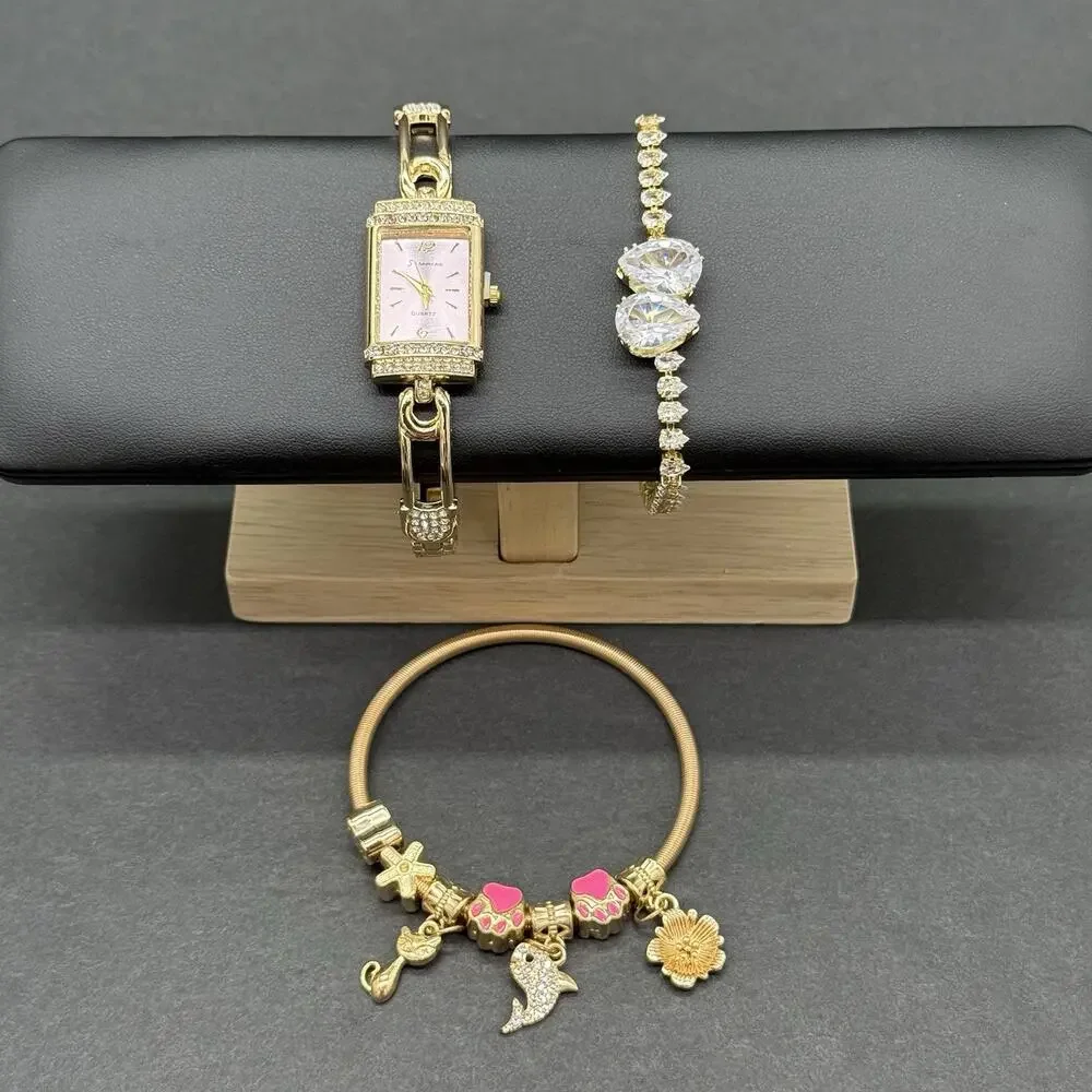 Gold Tone Watch Charm Bracelet Set 3 Pc Rhinestone Pink Dial Pear Cut Crystal
